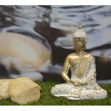 Buda Decoración de Resina, Figura decorativa Buda Dorado. Decoración Zen con estilo Budista 15,4x10,1x21,3 cm