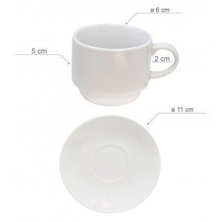 Tazas de café, juego de 6 tazas y 6 platos de porcelana blanca.