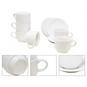 Coffee set of 6 cups and 6 plates of white ceramic 