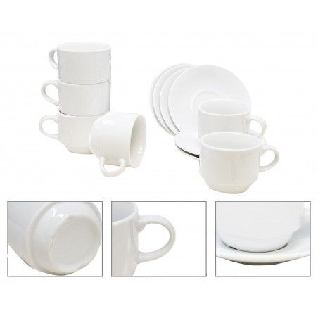 Tazas de café, juego de 6 tazas y 6 platos de porcelana blanca.