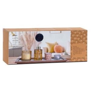 Diffusore di aromi Aste 80ml + 3 Candele Aromatiche, Cera + Supporti in Legno 37,5X9X15cm