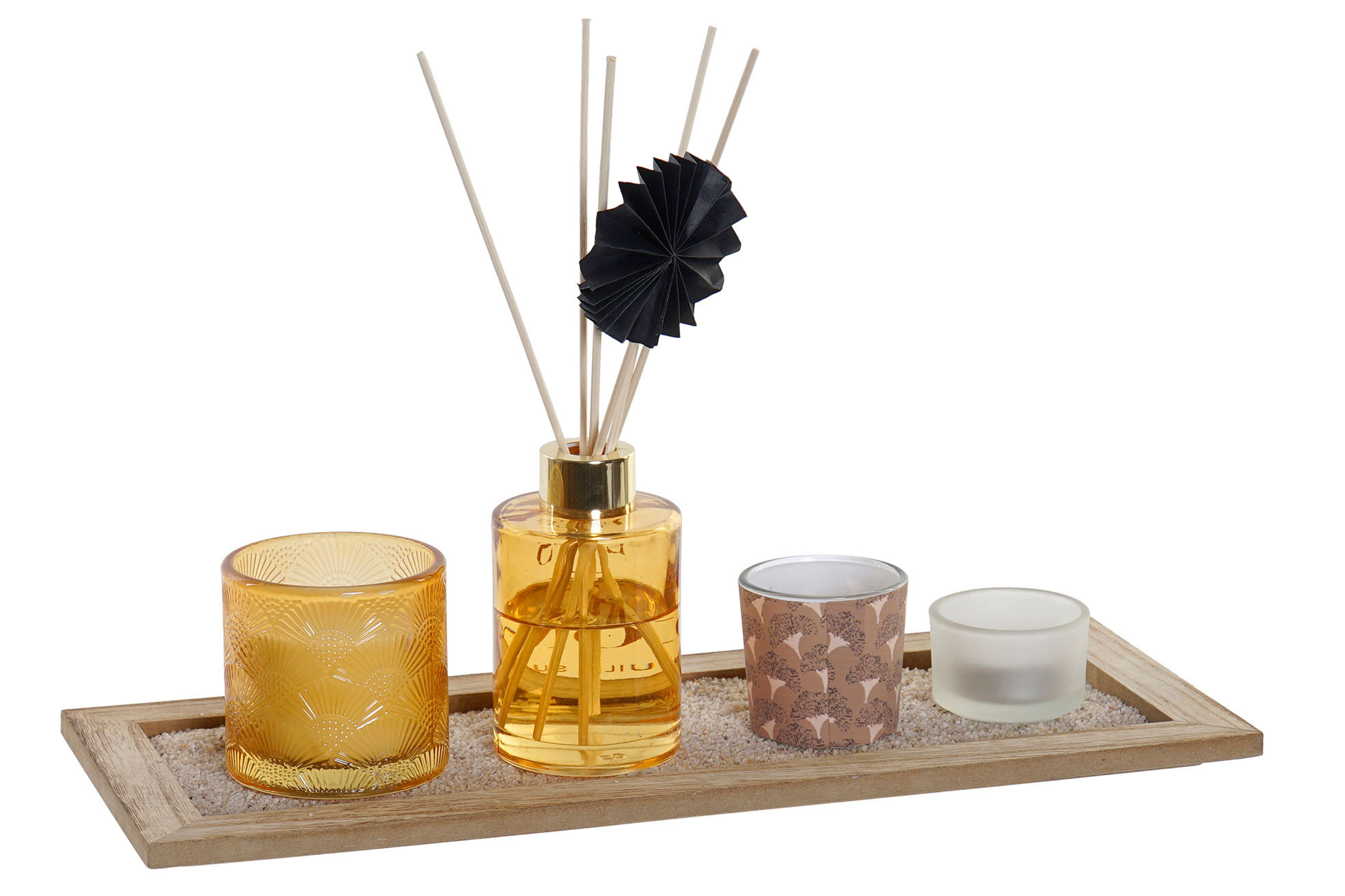 Difusor de Aroma de Varillas 80ml + 3 Velas Aromaticas Cera + Soportes de Madera 37,5X9X15cm