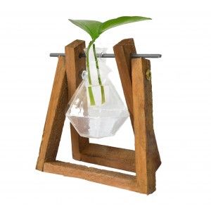 Jarrón Plantas Hidropónicas Soporte Madera y Varilla giratoria Metal 8,5X14