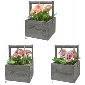 Macetero Madera de Sobremesa Negro, Flores Artificiales Vintage "Home"