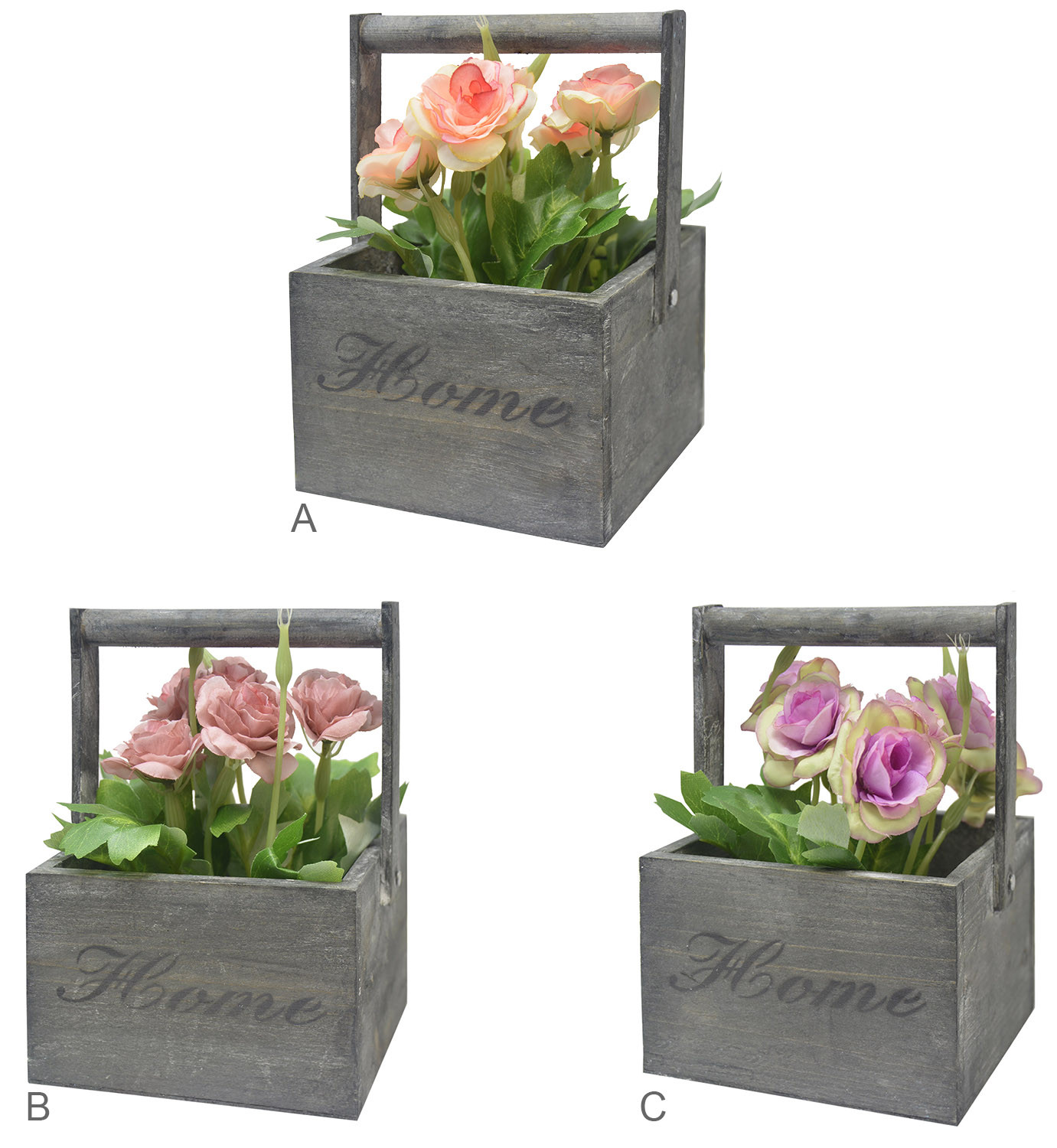 Macetero Madera de Sobremesa Negro, Flores Artificiales Vintage "Home"