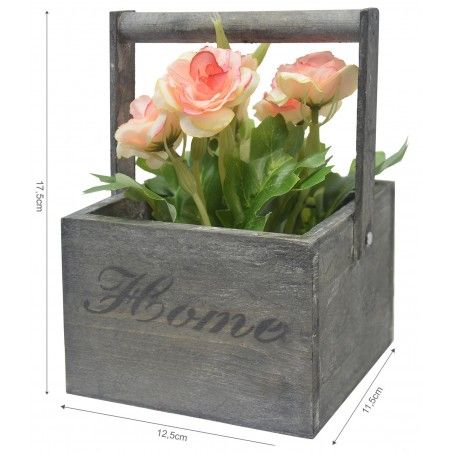 Macetero Madera de Sobremesa Negro, Flores Artificiales Vintage "Home"