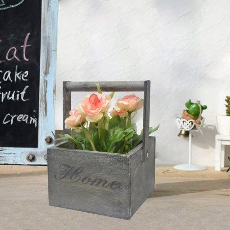 Macetero Madera de Sobremesa Negro, Flores Artificiales Vintage "Home"