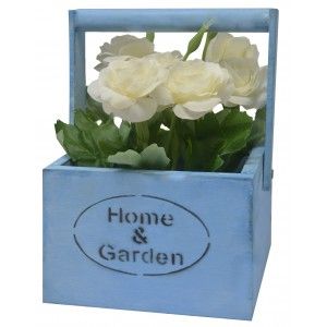 Macetero Madera de Sobremesa Azul, Flores Artificiales Vintage "Home & Garden"