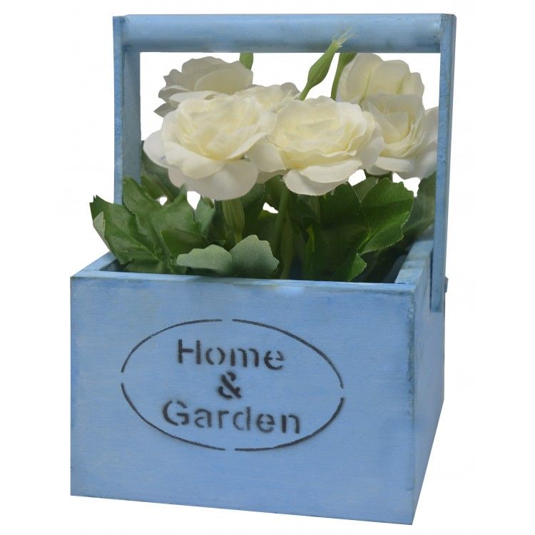 Macetero Madera de Sobremesa Azul, Flores Artificiales Vintage "Home & Garden"