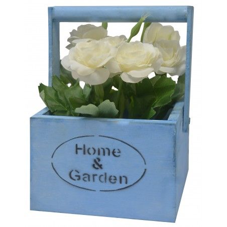 Macetero Madera de Sobremesa Azul, Flores Artificiales Vintage "Home & Garden"