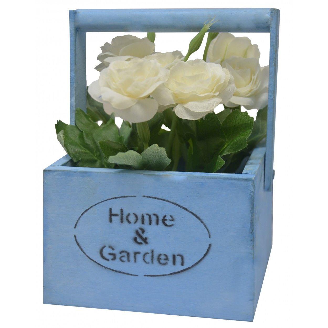 Macetero Madera de Sobremesa Azul, Flores Artificiales Vintage "Home & Garden"