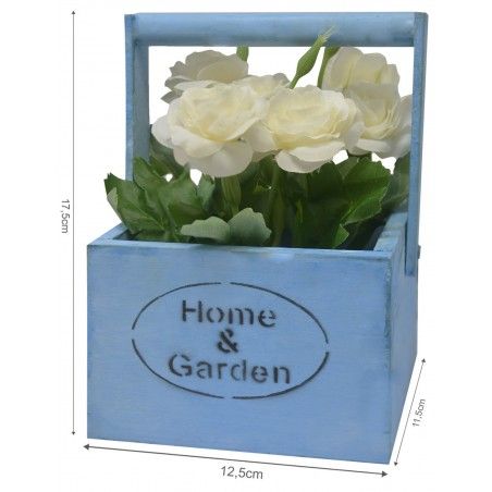Macetero Madera de Sobremesa Azul, Flores Artificiales Vintage "Home & Garden"
