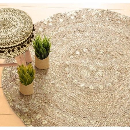 Carpet Jute for living Room or Bedroom , Gold Finish, Carpet 100% Natural Round. Decor Tapestry ethnic 115 cm