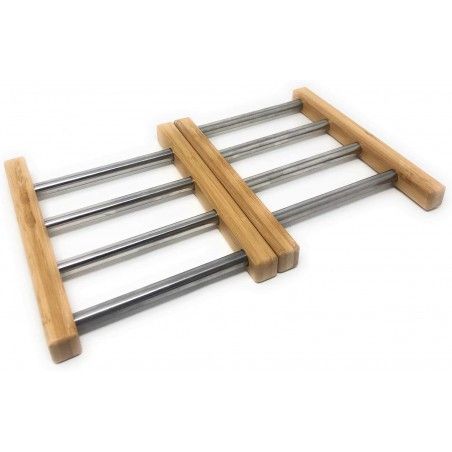 Salva-mantel Plegable de Acero Inox y Bambú Natural, Soporte Ollas Calientes, Cazuelas 21x22x2 cm