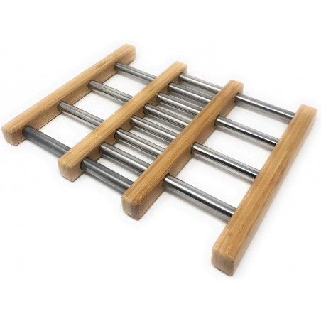 Salva-mantel Plegable de Acero Inox y Bambú Natural, Soporte Ollas Calientes, Cazuelas 21x22x2 cm