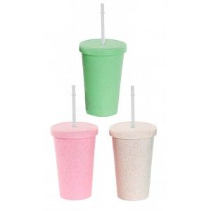 Glass Mug with Lid and Straw, made of Plastic of Corn Fiber 9,5x9,5x14 360 ml