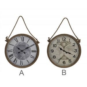 Reloj Pared Circular, de Metal y cuerda de Sisal, Decoración Vintage, Diseño Mapamundi, Reloj Decorativo Análogico, 60x7x94cm