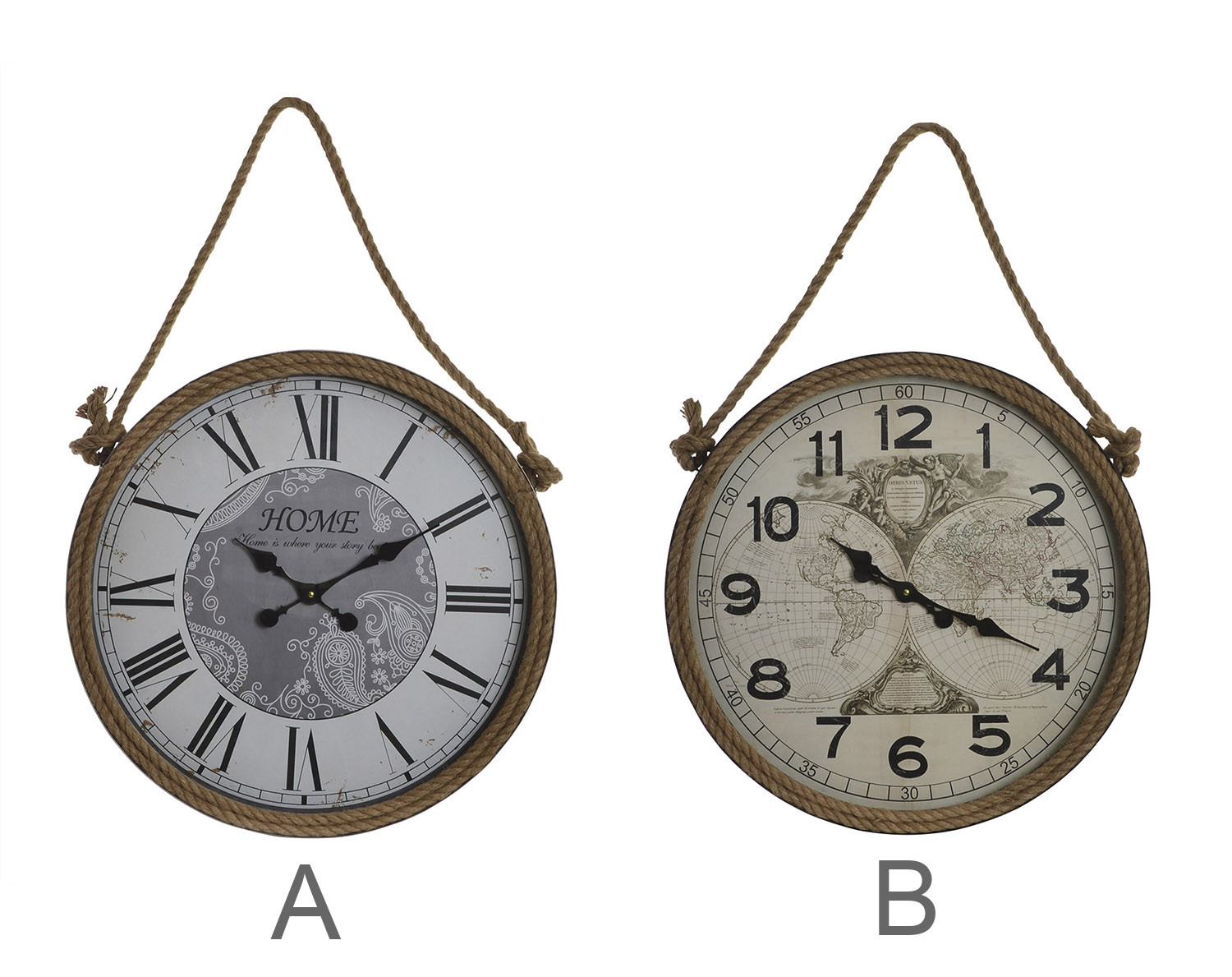 Reloj Pared Circular, de Metal y cuerda de Sisal, Decoración Vintage, Diseño Mapamundi, Reloj Decorativo Análogico, 60x7x94cm