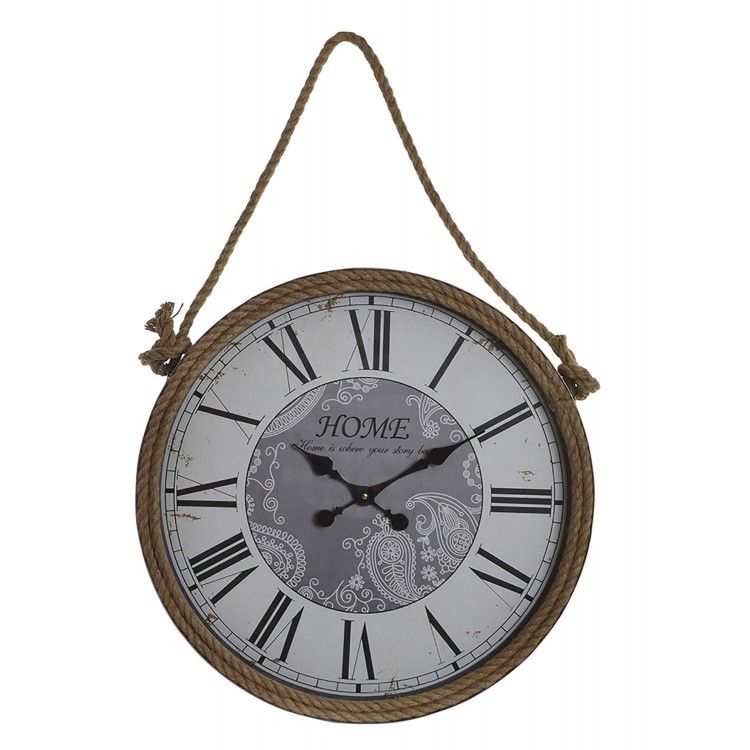 Reloj Pared Circular, de Metal y cuerda de Sisal, Decoración Vintage, Diseño Mapamundi, Reloj Decorativo Análogico, 60x7x94cm