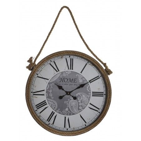 Reloj Pared Circular, de Metal y cuerda de Sisal, Decoración Vintage, Diseño Mapamundi, Reloj Decorativo Análogico, 60x7x94cm