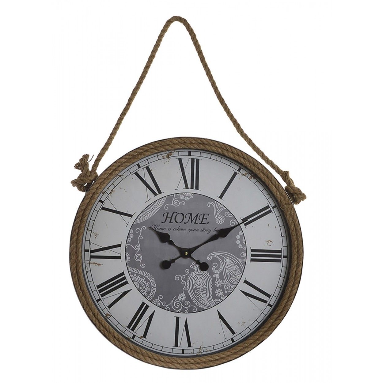 Reloj Pared Circular, de Metal y cuerda de Sisal, Decoración Vintage, Diseño Mapamundi, Reloj Decorativo Análogico, 60x7x94cm