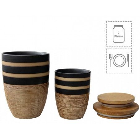 Vasi di Bambù e Ceramiche per l'Inscatolamento con supporto in Metallo. 7 Pezzi con un Coperchio 38x19x9 cm