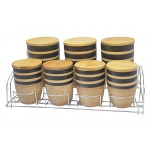 Tarros Cocina Almacenaje de Cerámica, Tapa Madera Bambú, Set 7.