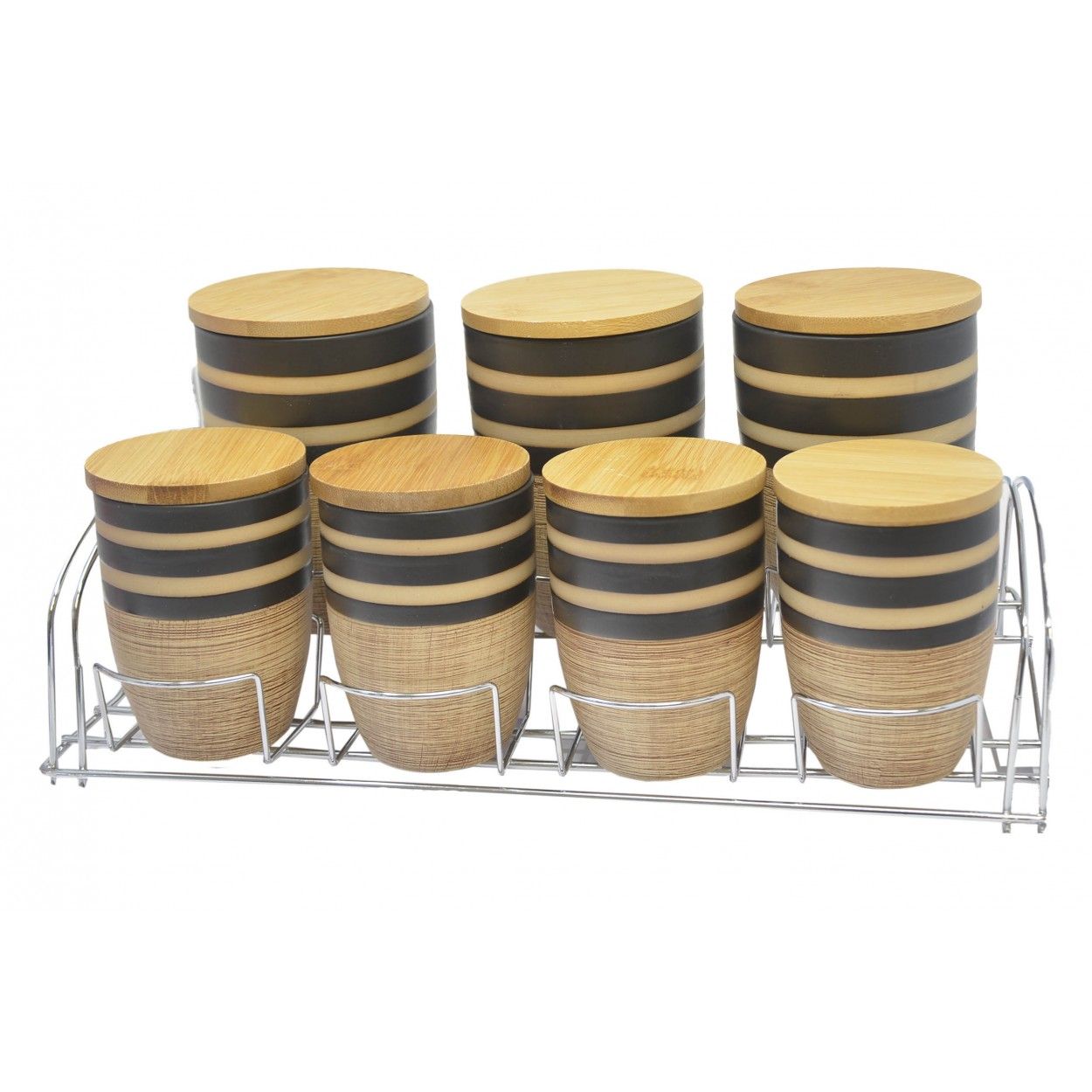 Vasi di Bambù e Ceramiche per l'Inscatolamento con supporto in Metallo. 7 Pezzi con un Coperchio 38x19x9 cm
