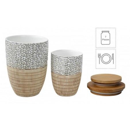 Jars of Bamboo and Ceramics for Canning with Metal Bracket. 7 Pieces with a Lid 38x19x9 cm