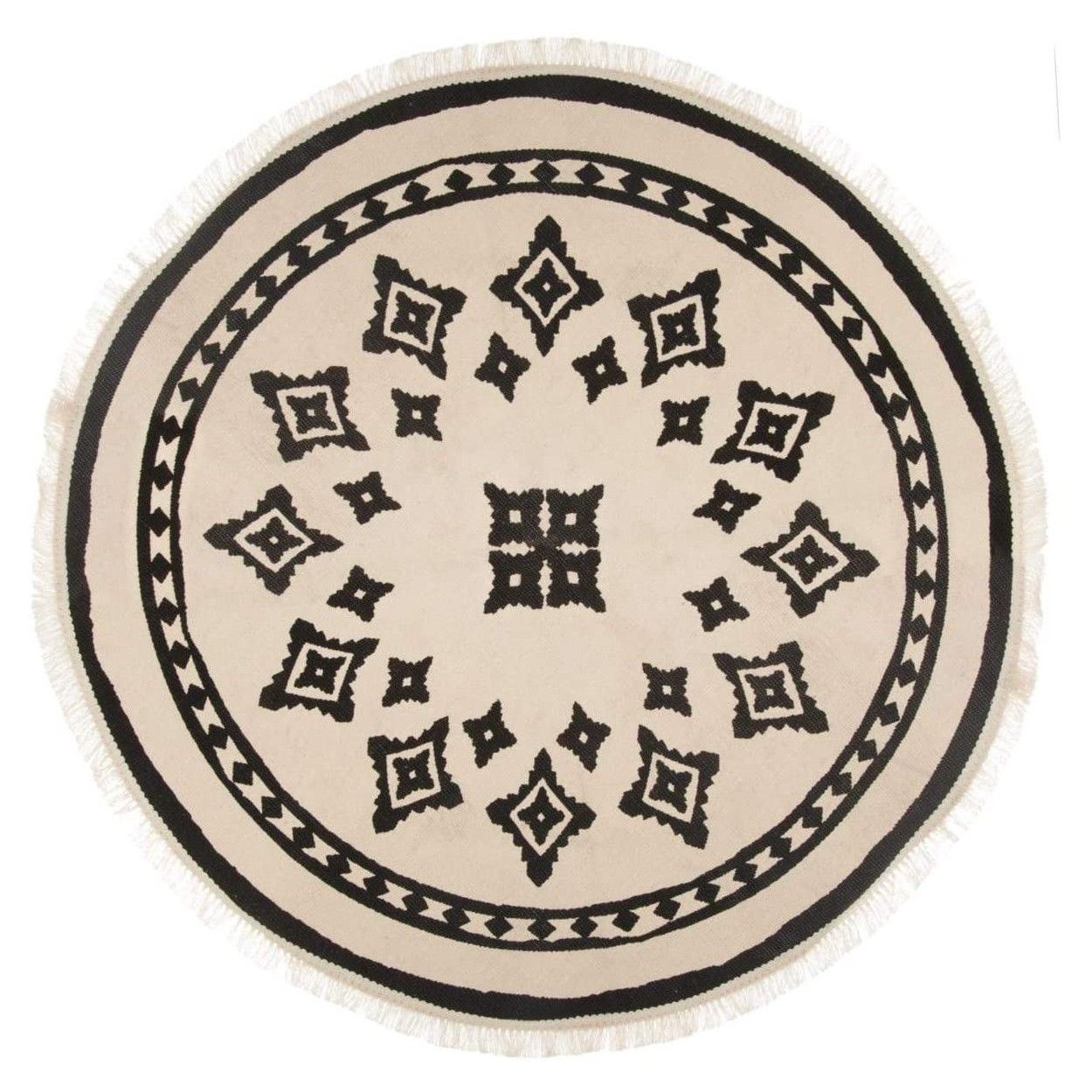 Alfombra Redonda con borlas para Salón, Dormitorio. Diseño Étnico ø90 cm
