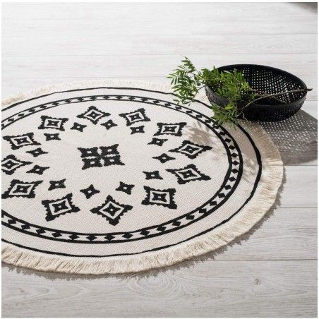 Alfombra Redonda con borlas para Salón, Dormitorio. Diseño Étnico ø90 cm