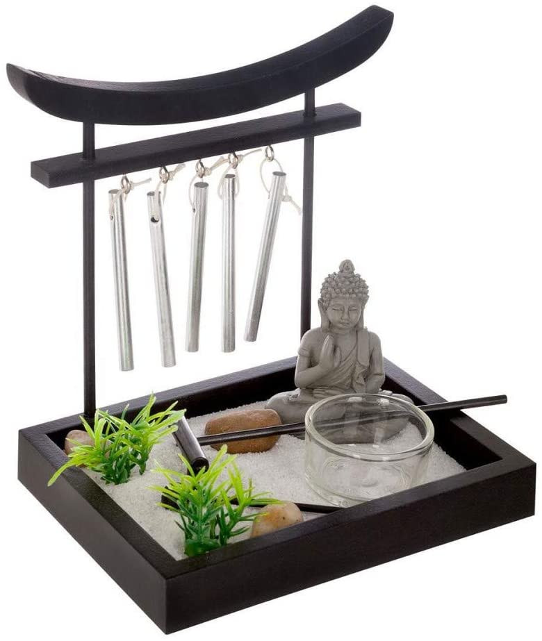 Jardín Zen con Campanas Tubulares, Decoración Buda Original, Portavela 15x12 cm