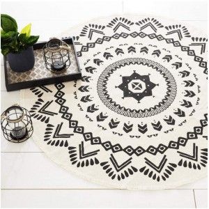 Alfombra Redonda con borlas para Salón, Dormitorio. Diseño Étnico ø120 cm