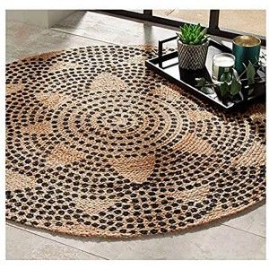 Alfombra Yute Natural Redonda para Salón, Dormitorio, Diseño Étnico 120 cm