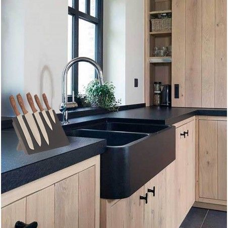 Cuchillos Cocina Mango Madera , Bloque Magnético Negro, Set de 5.