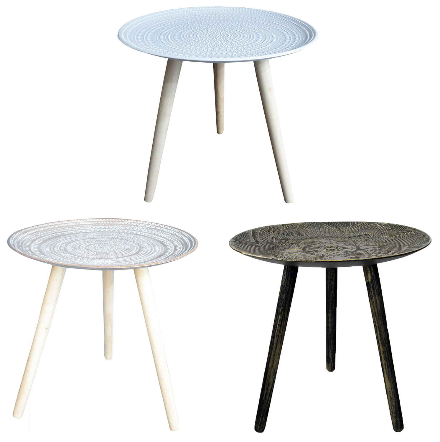 Mesa Auxiliar para Salón Redonda, Madera de color Blanca, Marrón y Negra. 3 Modelos. Estilo Étnico, FÁCIL MONTAJE