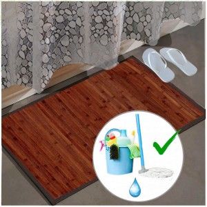 Alfombra para Baño Antideslizante Natur, Marrón Oscuro, De Bambú Natural, 60 X 45 cm Sostenible, Impermeable, Borde Textil 60x45