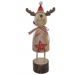 Reno Navidad Decoración, Figura de Madera Natural, Gorro Papá Noel 7X11X22 cm