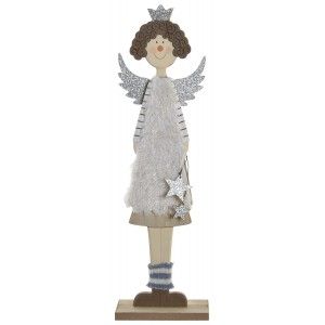 Ángel Navideño Decorativo, Figura de Madera Natural en Color Gris, con Estrellas. Decoración Navidad Original. 15x7x50cm