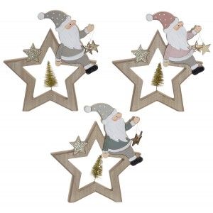 Decoración Colgante Navideña, Estrella de Madera con Papa Noel en Color Neutro. Decoración Navidad Original. 21X3X22cm