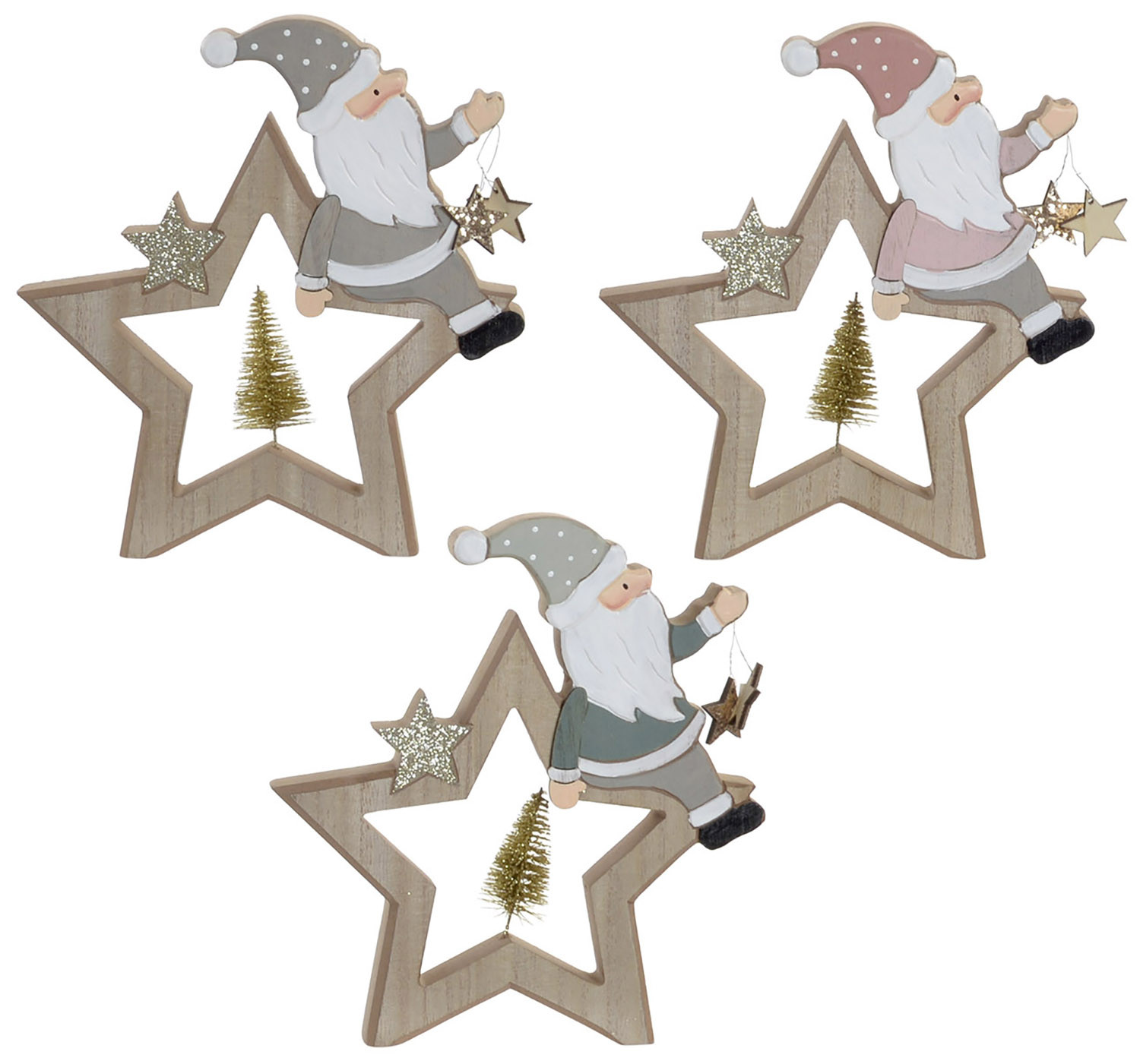 Decoración Colgante Navideña, Estrella de Madera con Papa Noel en Color Neutro. Decoración Navidad Original. 21X3X22cm