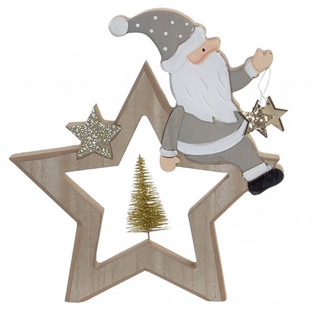 Decoración Colgante Navideña, Estrella de Madera con Papa Noel en Color Neutro. Decoración Navidad Original. 21X3X22cm