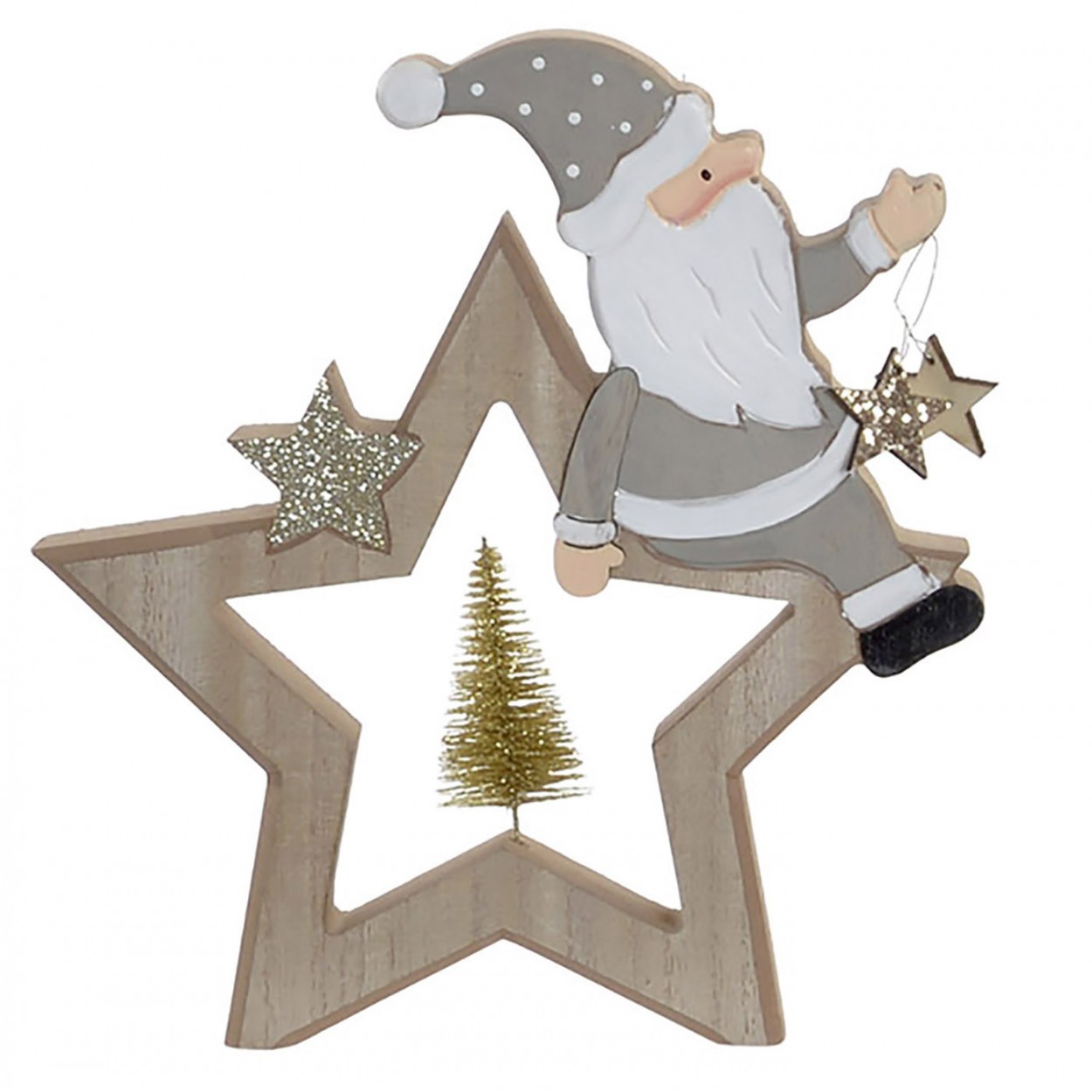 Decoración Colgante Navideña, Estrella de Madera con Papa Noel en Color Neutro. Decoración Navidad Original. 21X3X22cm