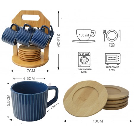 Coffee set Modern, with blue cups and plates of bamboo, with support of bamboo for kitchen - Home and more