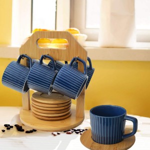 Coffee set Modern, with blue cups and plates of bamboo, with support of bamboo for kitchen - Home and more
