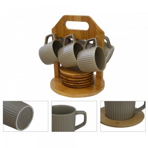 Juego de café Moderno, con tazas beige y platos de bambú, con soporte de bambú para cocina - Hogar y mas