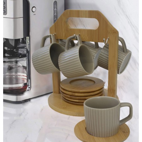 Coffee set Modern, with cups beige and bamboo plates, with support of bamboo for kitchen - Home and more