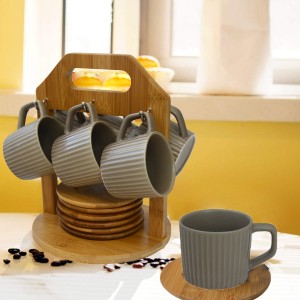 Coffee set Modern, with cups beige and bamboo plates, with support of bamboo for kitchen - Home and more