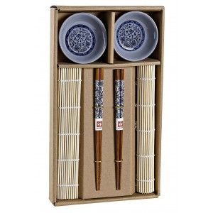 Sushi Kit Completo para 2 Personas, Palillos chinos, Esterillas, Cuenco Melamina Azul, SET 6.