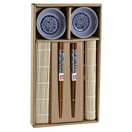 Sushi Kit Completo para 2 Personas, Palillos chinos, Esterillas, Cuenco Melamina Azul, SET 6.